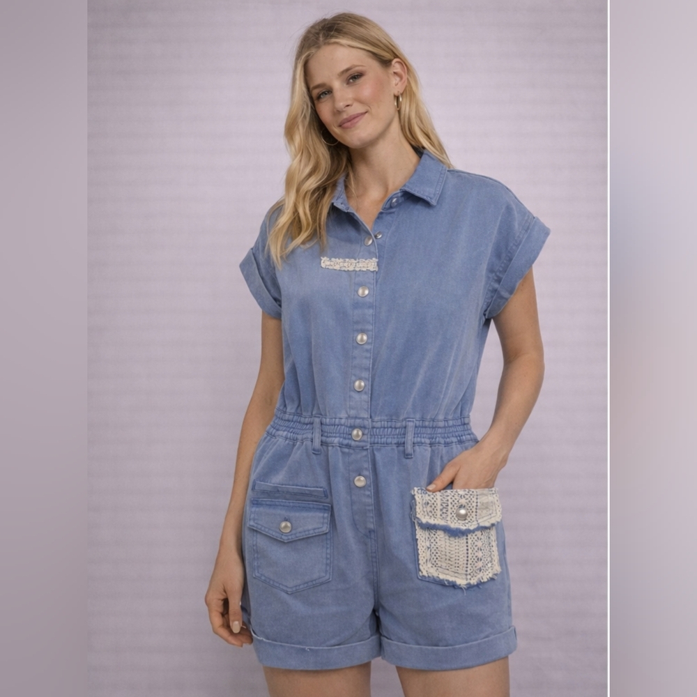 POL Blue Denim Utility Romper with Crochet Pocket – Button Front